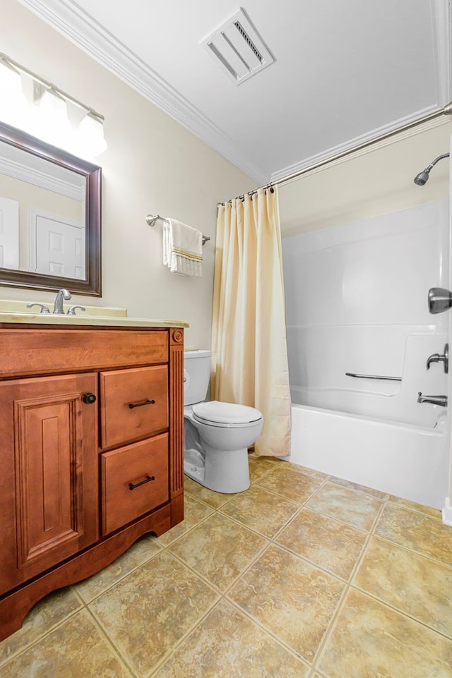 10 Heatherfield Ct, Kilmarnock, VA 22482 - bathroom with ornamental molding, shower / bath combo, vanity, and tile patterned floors