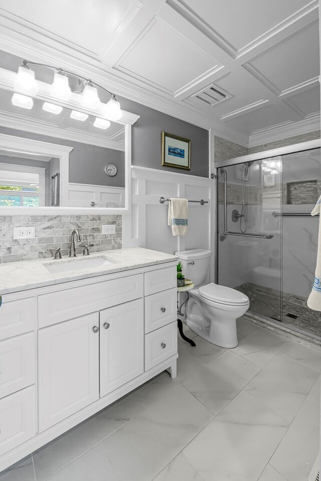 10 Heatherfield Ct, Kilmarnock, VA 22482 - bathroom with vanity, a shower stall, marble finish flooring, and ornamental molding
