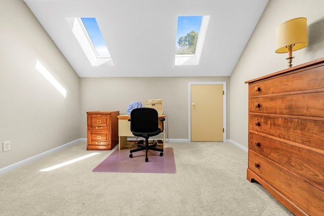 10 Heatherfield Ct, Kilmarnock, VA 22482 - office area featuring a skylight, carpet floors, and vaulted ceiling