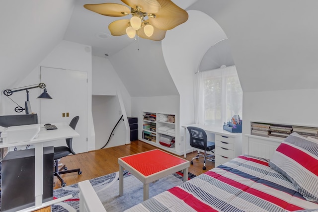 1083 Ottoman Ferry Rd, Lancaster, VA 22503 - bedroom with lofted ceiling, wood finished floors, an office area, and ceiling fan