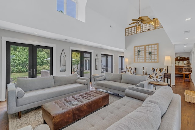 1083 Ottoman Ferry Rd, Lancaster, VA 22503 - living area featuring french doors, wood finished floors, recessed lighting, a high ceiling, and a ceiling fan