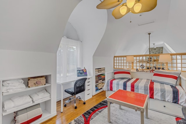 1083 Ottoman Ferry Rd, Lancaster, VA 22503 - bedroom with lofted ceiling, wood finished floors, and a ceiling fan
