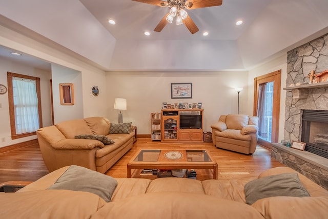 1851 Desha Rd, Tappahannock, VA 22560 - living area with ceiling fan, a fireplace, wood finished floors, and recessed lighting
