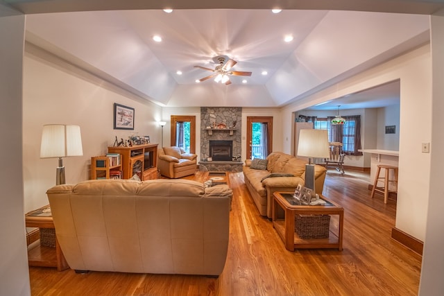 1851 Desha Rd, Tappahannock, VA 22560 - living room with ceiling fan, wood finished floors, a fireplace, recessed lighting, and a raised ceiling