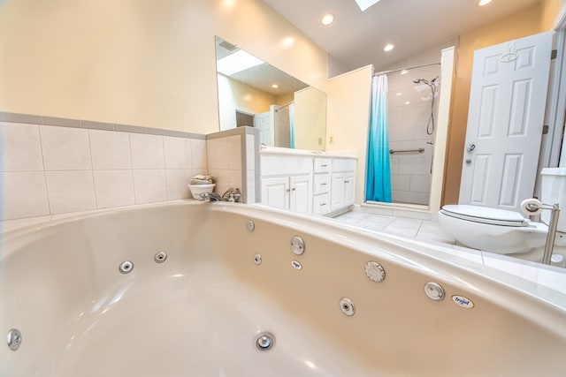 1851 Desha Rd, Tappahannock, VA 22560 - bathroom with toilet, a whirlpool tub, vanity, tiled shower, and recessed lighting