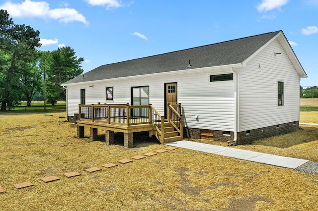 2976 Newmans Neck Rd, Heathsville, VA 22473 - rear view of house featuring crawl space, a wooden deck, and roof with shingles