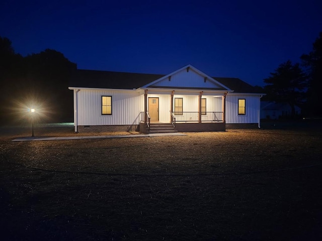 2976 Newmans Neck Rd, Heathsville, VA 22473 - modern farmhouse style home featuring crawl space, a porch, and board and batten siding