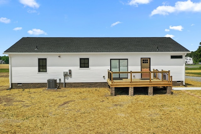 2976 Newmans Neck Rd, Heathsville, VA 22473 - back of property featuring crawl space, a deck, central air condition unit, and a shingled roof
