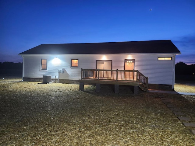 2976 Newmans Neck Rd, Heathsville, VA 22473 - back of property with crawl space, a wooden deck, and central air condition unit