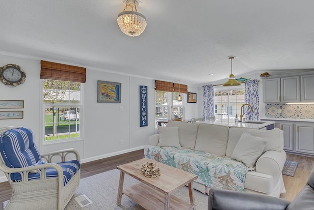 living room with vaulted ceiling, visible vents, baseboards, wood finished floors, and ornamental molding