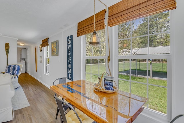 dining room with washer / dryer, ornamental molding, wood finished floors, and baseboards