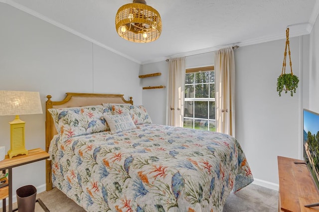 bedroom featuring baseboards, carpet flooring, and ornamental molding