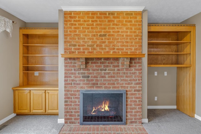 unfurnished living room featuring light colored carpet and a fireplace