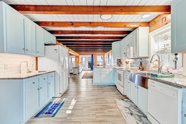 kitchen featuring beamed ceiling, white appliances, wooden ceiling, and backsplash