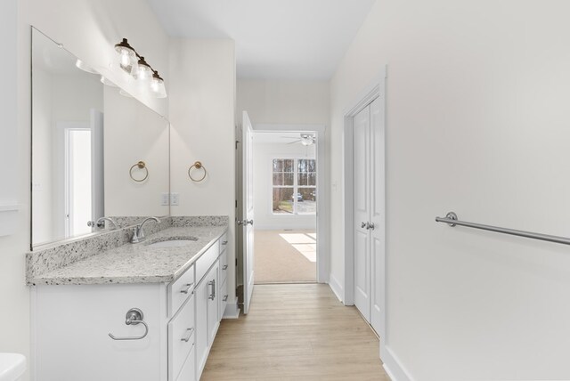 bathroom with vanity, toilet, wood-type flooring, and walk in shower