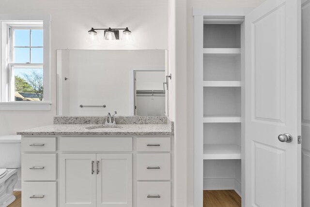 bathroom with wood-type flooring, vanity, toilet, and walk in shower