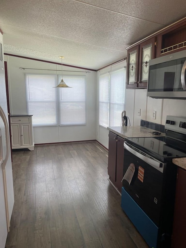 91 Dameron Dr, Hague, VA 22469 - kitchen featuring stainless steel appliances, dark wood-style floors, a textured ceiling, dark brown cabinets, and decorative light fixtures