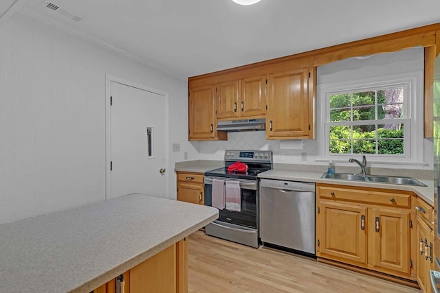 94 Arcadia Dr, Newport News, VA 23608 - kitchen with appliances with stainless steel finishes, under cabinet range hood, light wood finished floors, light countertops, and backsplash