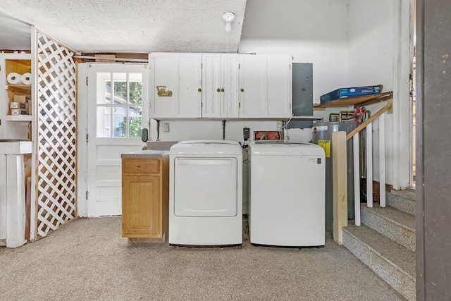 94 Arcadia Dr, Newport News, VA 23608 - washroom with cabinet space, independent washer and dryer, electric panel, water heater, and a textured ceiling