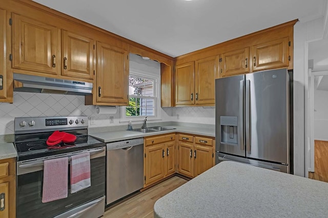 94 Arcadia Dr, Newport News, VA 23608 - kitchen featuring appliances with stainless steel finishes, under cabinet range hood, light wood-type flooring, light countertops, and decorative backsplash
