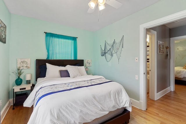 bedroom with ceiling fan and light wood-type flooring