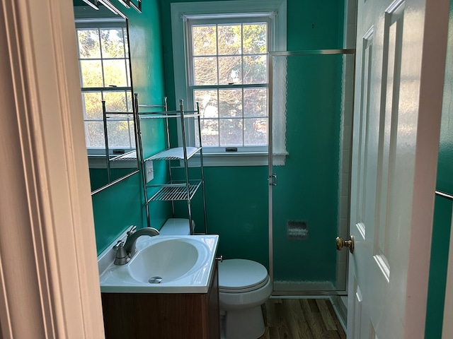 bathroom featuring vanity, wood-type flooring, a wealth of natural light, and toilet