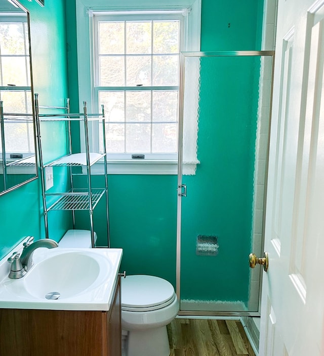 bathroom with hardwood / wood-style floors, vanity, a wealth of natural light, and toilet