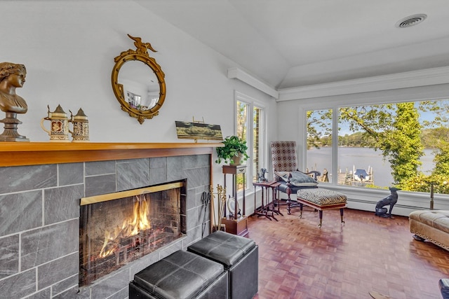 555 Rio Vis, Weems, VA 22576 - sitting room with visible vents, lofted ceiling, and a fireplace