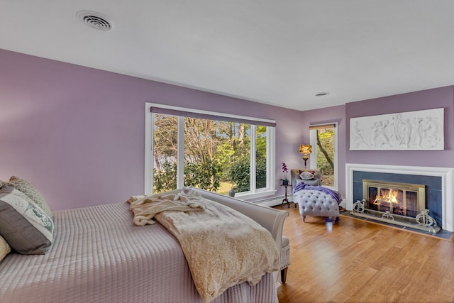 555 Rio Vis, Weems, VA 22576 - bedroom with visible vents, wood finished floors, and a glass covered fireplace