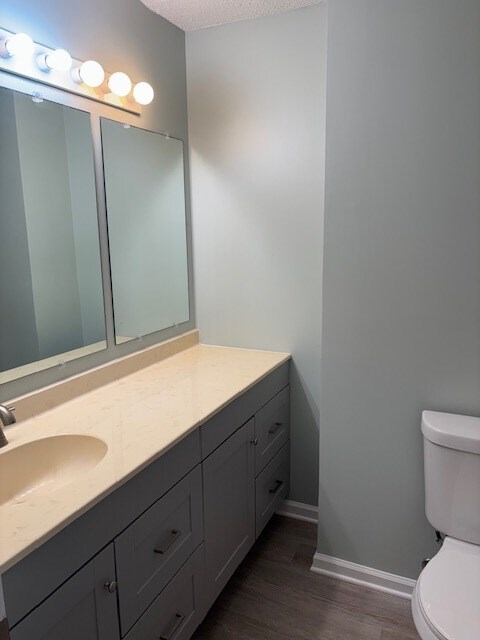 890 Gordon Way, Montross, VA 22520 - bathroom featuring toilet, wood finished floors, vanity, baseboards, and a textured ceiling