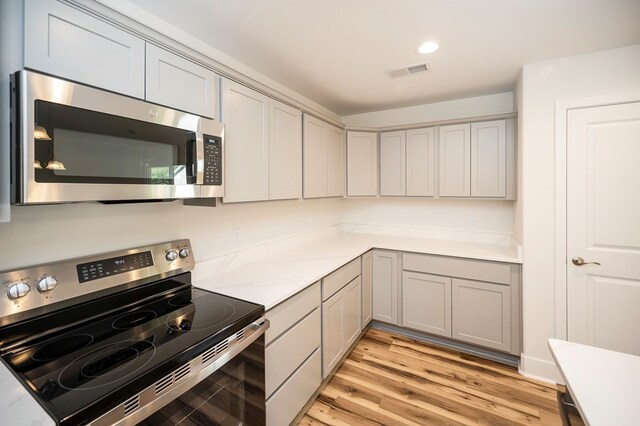405 Cedar Ln, Colonial Beach, VA 22443 - kitchen featuring stainless steel appliances, gray cabinetry, light wood-style floors, and recessed lighting