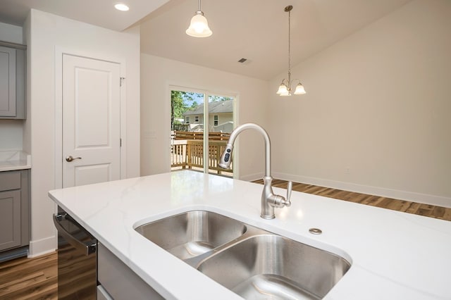 405 Cedar Ln, Colonial Beach, VA 22443 - kitchen with gray cabinets, wood finished floors, pendant lighting, black dishwasher, and recessed lighting