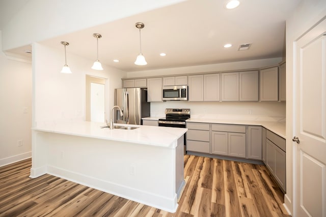 405 Cedar Ln, Colonial Beach, VA 22443 - kitchen with stainless steel appliances, gray cabinets, light wood finished floors, and recessed lighting