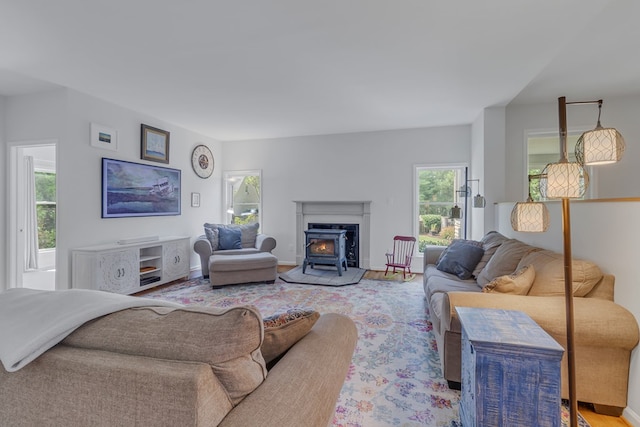 living room with light hardwood / wood-style floors, a wood stove, and a wealth of natural light