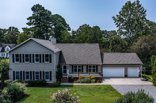 tri-level home with concrete driveway, a front yard, a shingled roof, and an attached garage
