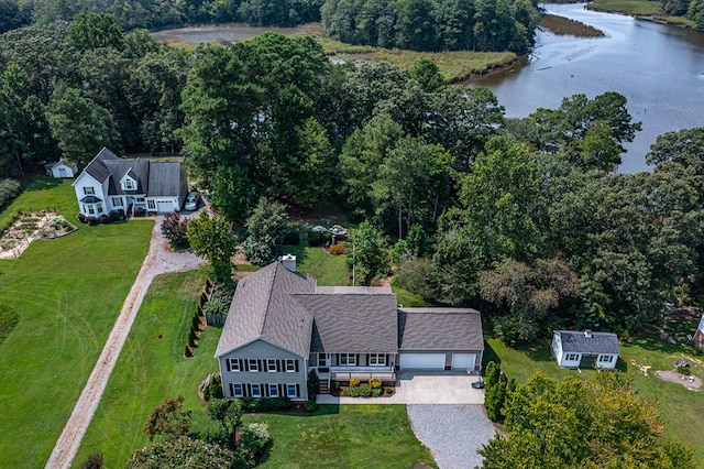 drone / aerial view featuring a water view