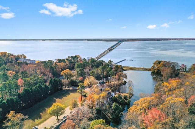 drone / aerial view featuring a water view