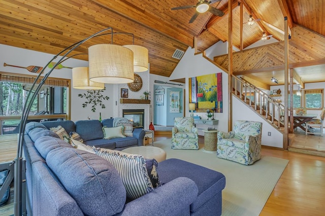 living room featuring wooden ceiling, high vaulted ceiling, ceiling fan, beam ceiling, and wood-type flooring