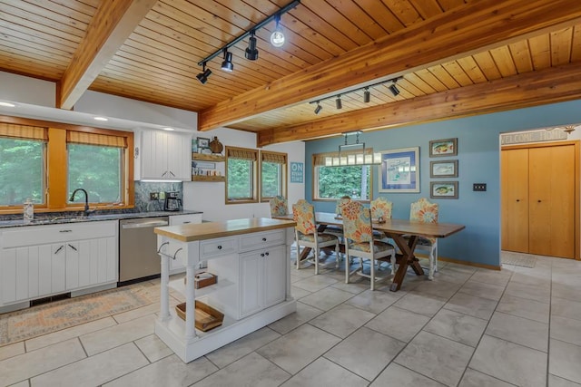 kitchen featuring track lighting, tasteful backsplash, wood ceiling, dishwasher, and white cabinets