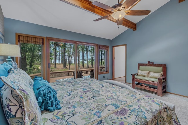 bedroom with carpet flooring, ceiling fan, and lofted ceiling with beams