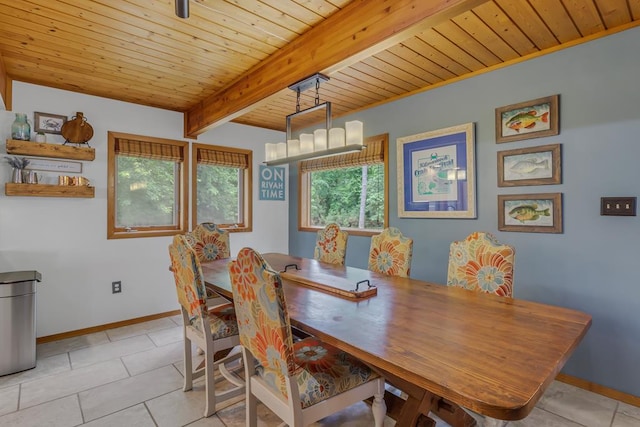 tiled dining area with beamed ceiling and wooden ceiling