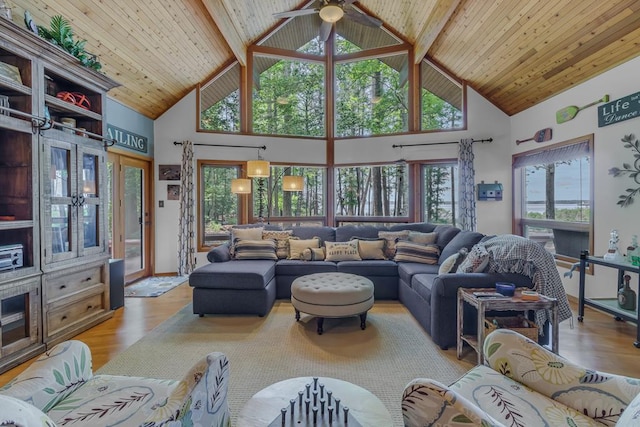 living room featuring beamed ceiling, light hardwood / wood-style floors, high vaulted ceiling, and wood ceiling