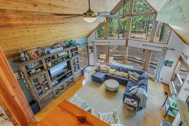 living room with light hardwood / wood-style floors, high vaulted ceiling, ceiling fan, and wood ceiling