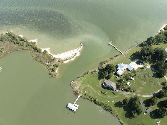 drone / aerial view featuring a water view