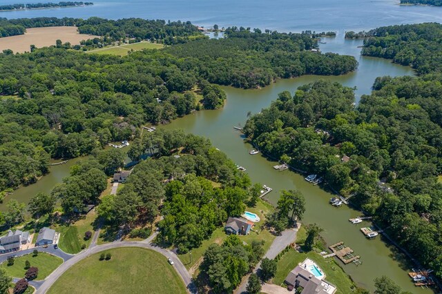 403 Moores Creek Dr, Deltaville, VA 23043 - aerial view of property's location featuring a large body of water and a heavily wooded area