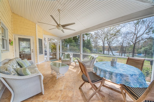 403 Moores Creek Dr, Deltaville, VA 23043 - sunroom with a ceiling fan, lofted ceiling, an outdoor living space, and outdoor dining space