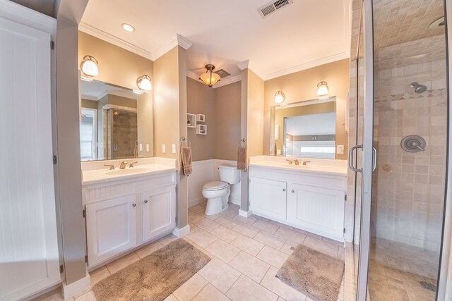 403 Moores Creek Dr, Deltaville, VA 23043 - full bathroom featuring ornamental molding, a shower stall, vanity, tile patterned flooring, and toilet