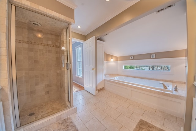 403 Moores Creek Dr, Deltaville, VA 23043 - full bath with a garden tub, a stall shower, tile patterned flooring, crown molding, and recessed lighting