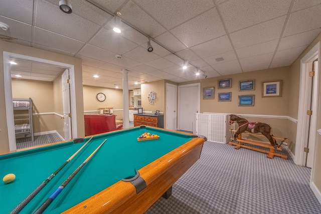 403 Moores Creek Dr, Deltaville, VA 23043 - game room with rail lighting, carpet floors, baseboards, billiards, and a paneled ceiling