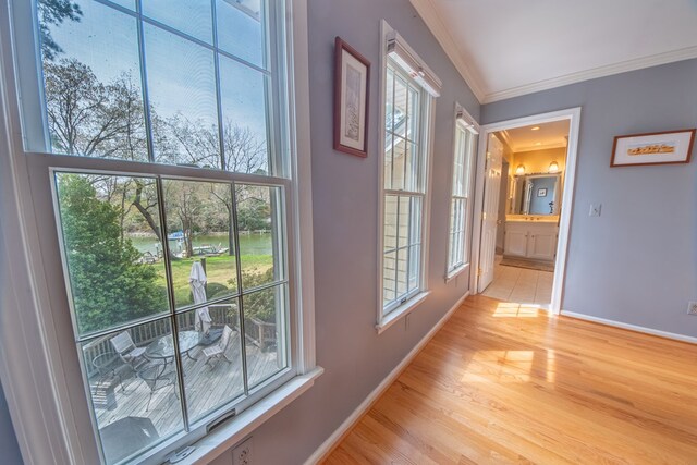 403 Moores Creek Dr, Deltaville, VA 23043 - corridor with crown molding, baseboards, healthy amount of natural light, and light wood-style flooring